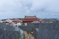 Shuri Castle rampart overlooking Okinawa skyline in Naha, Okinawa, Japan Royalty Free Stock Photo