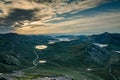 View from the top of Sugarloaf mountain near Kangerlussuaq over Sandflugtdalen valley towards the greenlandic icecap in sunrise