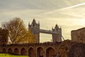 View of the top of Tower Bridge from the grounds of Tower of London. Royalty Free Stock Photo