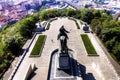 View from the top of the Vitkov Memorial on the Prague landscape and the memorial on a sunny day