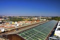 View from the top of the Vitkov Memorial on the Prague landscape and the memorials roof Royalty Free Stock Photo