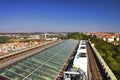 View from the top of the Vitkov Memorial on the Prague landscape and the memorials roof Royalty Free Stock Photo