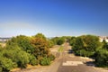 View from the top of the Vitkov Memorial on the Prague landscape and Vitkov memorials park Royalty Free Stock Photo