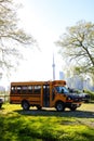 View from Toronto Islands with CN tower and school bus Canada