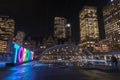 View of Toronto on Nathan Phillips Square at night, in Toronto.