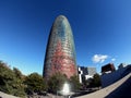 View of the Torre Agbar tower. bright sunny day in Barcelona.