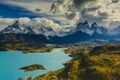 View of Torres Mountains in the Torres del Peine National Park during sunrise. Autumn in Patagonia, the Chilean side Royalty Free Stock Photo