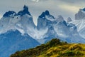 View of Torres Mountains in the Torres del Peine National Park during sunrise. Autumn in Patagonia, the Chilean side Royalty Free Stock Photo