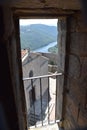 View from the Tour de Chambles on the church and the Loire river in the distance Royalty Free Stock Photo