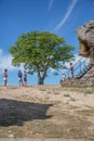 View at the tourist people taking pictures on exterior staircase at the Mogadouro Castle, iconic monument building