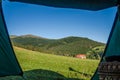 The view from tourist tent on mountains in the Ukrainian Carpathians Royalty Free Stock Photo