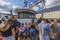 View of tourists on excursion boat near Brooklyn Bridge,  New York, Royalty Free Stock Photo