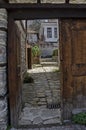 View toward main entrance in yard of antique house, residential district Varosha Royalty Free Stock Photo