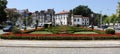 View toward the old town across the gardens of the Republic of Brazil Square, Guimaraes, Portugal