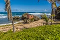 A view towards an abandoned shack on the beach at Bathsheba on the Atlantic coast of Barbados