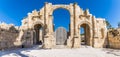 A view towards an archway in the ancient Roman settlement of Gerasa in Jerash, Jordan