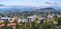 View towards Berkeley, Richmond and the San Francisco bay area shoreline on a sunny day; University of California Berkeley campus Royalty Free Stock Photo