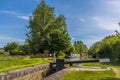 A view towards boats moored at Adkins Lock on the Oxford Canal near to the village of Napton, Warwickshire Royalty Free Stock Photo