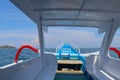 View towards the bow of a laminate ship. View from a covered fishing boat while sailing on the surface of the Indian Ocean. Royalty Free Stock Photo