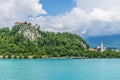 A view towards the castle and church on the the shore of Lake Bled in Bled, Slovenia Royalty Free Stock Photo