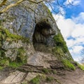 A view towards the entrance to Thors Cave above the Manifiold valley next to the village of Wetton, UK