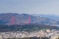 View towards Golden Gate Bridge and the surrounding park and residential area, San Francisco, California