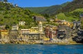 A view towards the harbour and old town of Vernazza, Italy