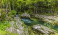 A view towards large rocks in the riverbed of the Mostnica river in the Mostnica gorge in Slovenia Royalty Free Stock Photo