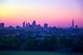 View towards London city skyline with bird flocking at sunrise from Hampstead Heath