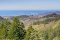 View towards the Pacific Ocean and Pillar Point Harbor from Purisima Creek Redwoods Park on a clear day, California