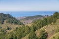 View towards the Pacific Ocean and Pillar Point Harbor from Purisima Creek Redwoods Park on a clear day, California