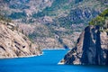 View towards Rancheria falls and creek flowing into Hetch Hetchy reservoir; Yosemite National Park, Sierra Nevada mountains, Royalty Free Stock Photo