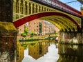A view towards the restored Victorian canal system in Castlefield, Manchester, UK Royalty Free Stock Photo