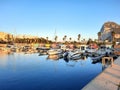 View towards the Rock of Gibraltar from Mid Harbour small boats marine, 2020