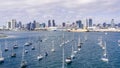 View towards San Diego`s downtown area, ships moored in San Diego Bay on the forefront, south California