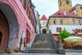 View towards the Stairs Tower Turnul Scarilor, a popular tourist attraction in Sibiu, Romania, at the edge of pedestrian area.