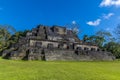 A view towards the Temple of Masonary Altars in the ancient Mayan city ruins in Belize Royalty Free Stock Photo