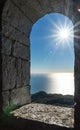 View from the tower on Akhun mountain. Sun rays over the Black Sea and bright blue sky. Sochi, Russia Royalty Free Stock Photo