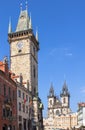 Tower with Astronomical clock and Tyn church in Prague Royalty Free Stock Photo