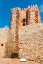 View of the tower Castillo de Molina de Aragon in Guadalajara province, Spain. Copy space for text. Vertical.