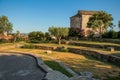 View of the tower clock garden on top of the hill in the light of sunset at Draguignan. Royalty Free Stock Photo