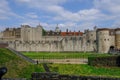 View of the tower of london showing the outer walls and rooftops inside Royalty Free Stock Photo