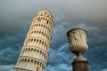 View of the tower of Pisa from below and dramatic cloud sky Royalty Free Stock Photo