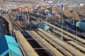 The view from the tower of Railway Station on train tracks, platforms, freight wagons Royalty Free Stock Photo