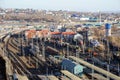 The view from the tower of Railway Station on train tracks, platforms, freight wagons Royalty Free Stock Photo