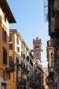 View of tower through street in Verona city Royalty Free Stock Photo
