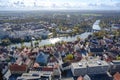 View from Tower of Ulm Minster to twin cities: City of Ulm - Baden-Wuerttemberg - and Neu Ulm - Bavaria - River Danube, Germany