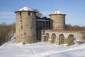 View of the towers and bridge of the ancient Koporskaya fortress. Koporye