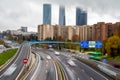 View of the 4 Towers with fog and road junction in Madrid. Royalty Free Stock Photo