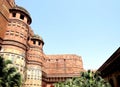 View on the towers of inner gate and part of walls of the ancient Red Fort of Agra, India